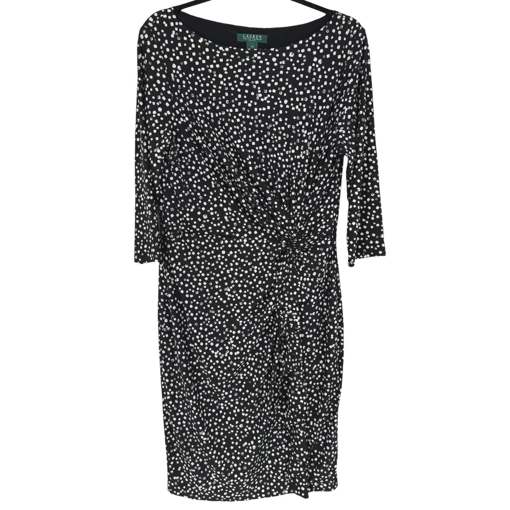 Lauren Ralph Lauren Womens Polka Dot Twist Front Sheath Dress Black Size 14